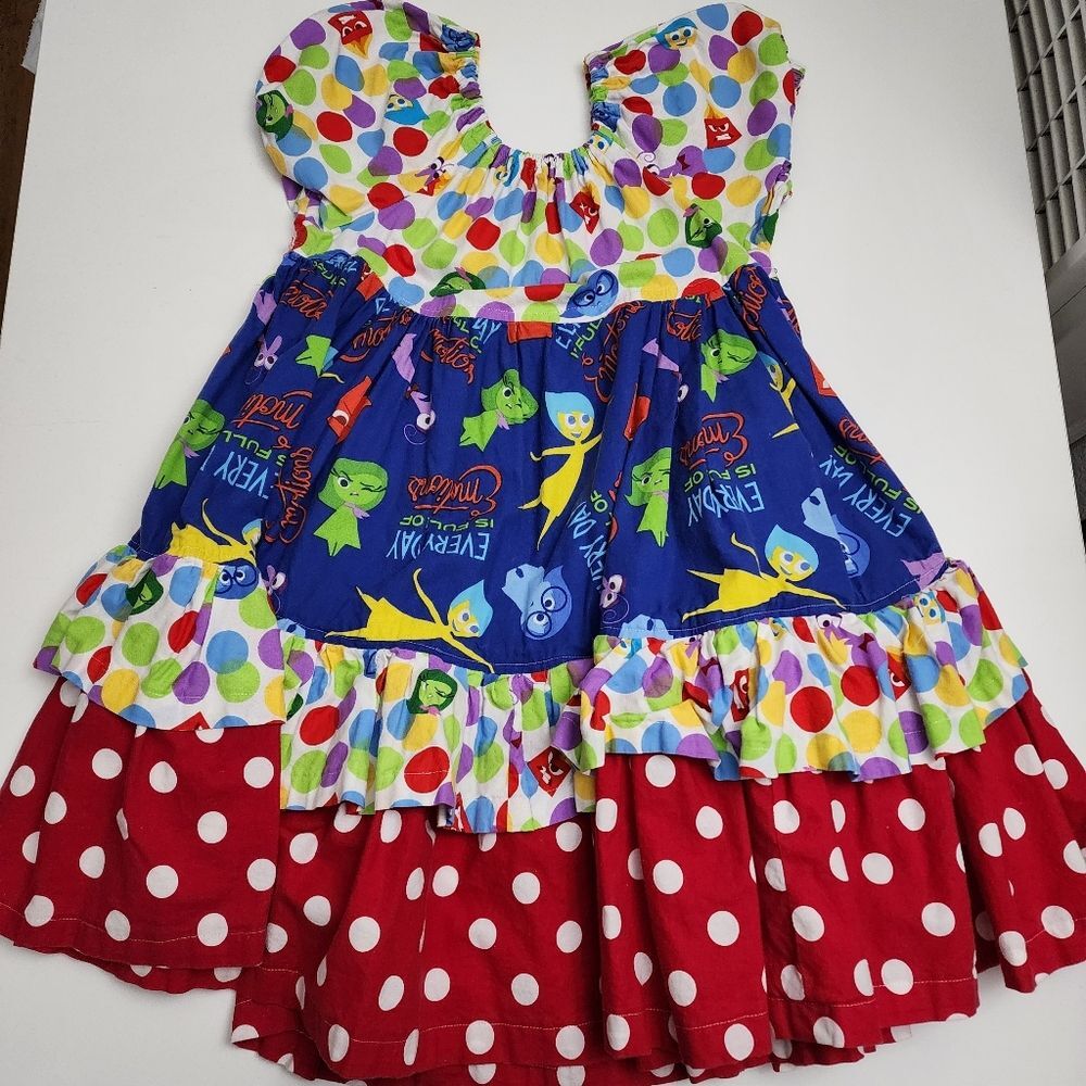 Disney Pixar Inside Out 2 Girls Handmade Boutique Colorful Ruffle Dress Size 7-8